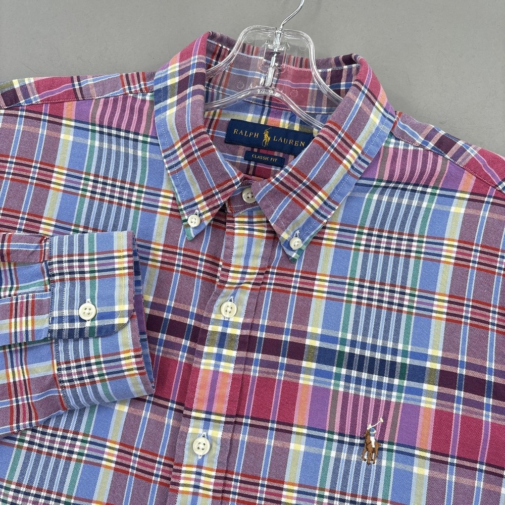 Ralph Lauren Shirt Mens Large Pink Blue Plaid Classic Fit‎ Button Down Madras